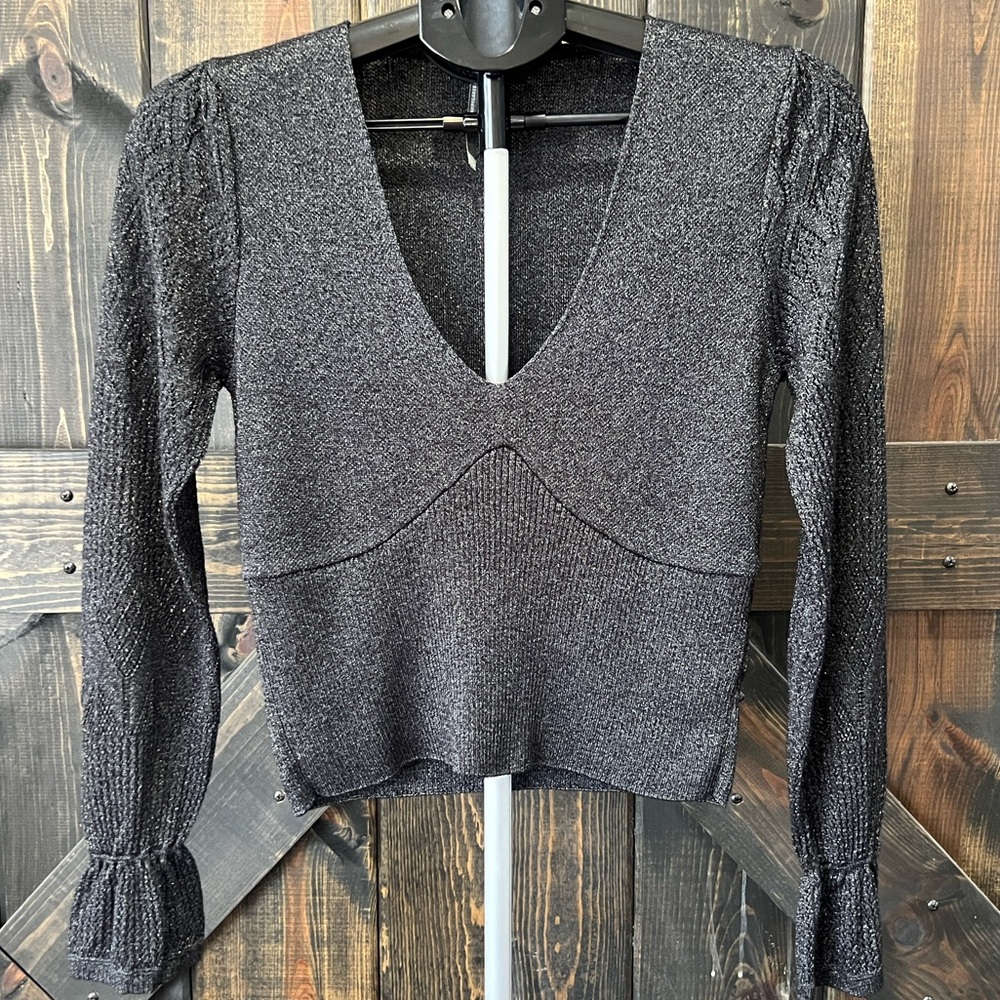 Anthropologie Woven Sleeve Twofer Sweater XS Black Shimmer Lace Deep V Neck Boho